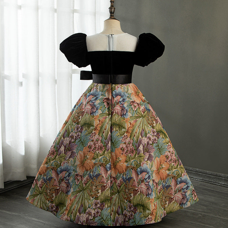 Black Velvet A-Line Flower Girl Dress V-Neck Flower