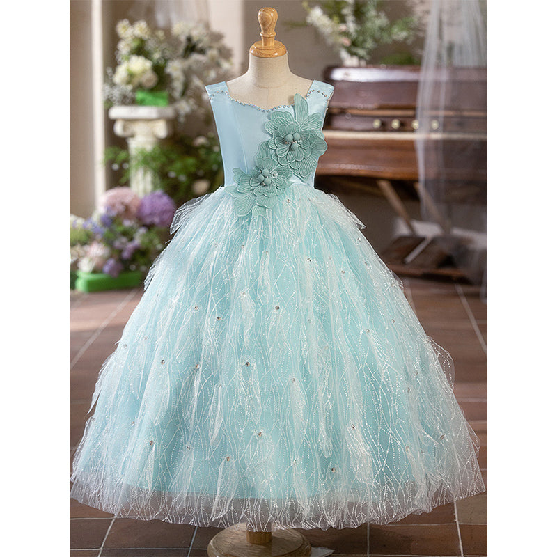 Blue A-Line Princess Flower Girl Dress – Satin & Lace