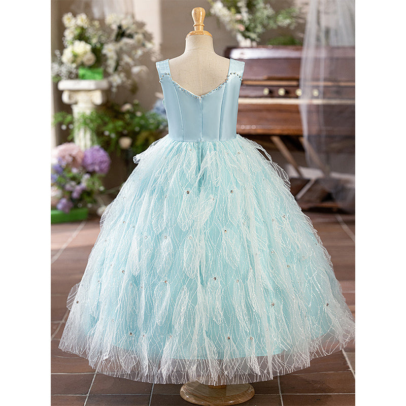 Blue A-Line Princess Flower Girl Dress – Satin & Lace
