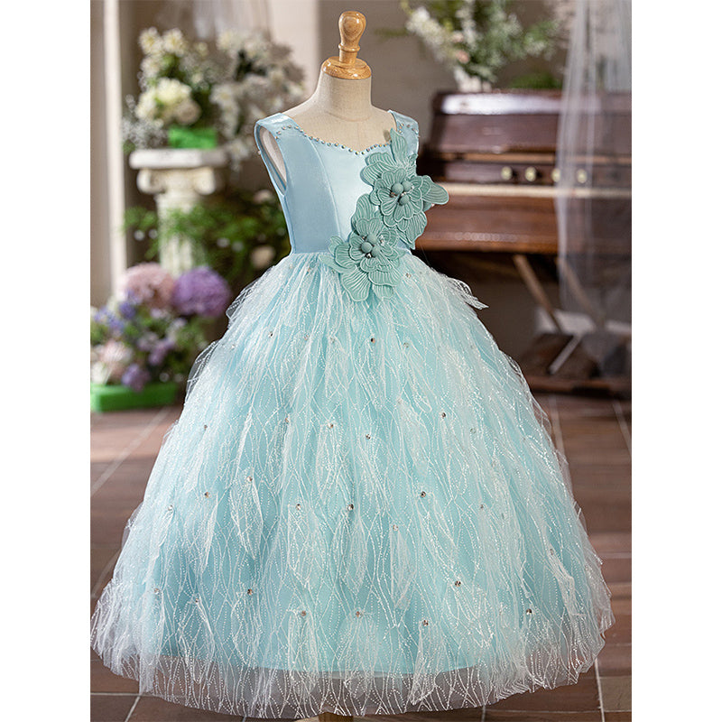 Blue A-Line Princess Flower Girl Dress – Satin & Lace