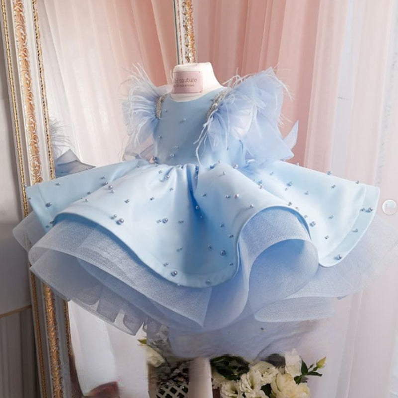 Blue Ball Gown Flower Girl Dress – Sequin Tiered Skirt, Short Sleeves, Knee Length