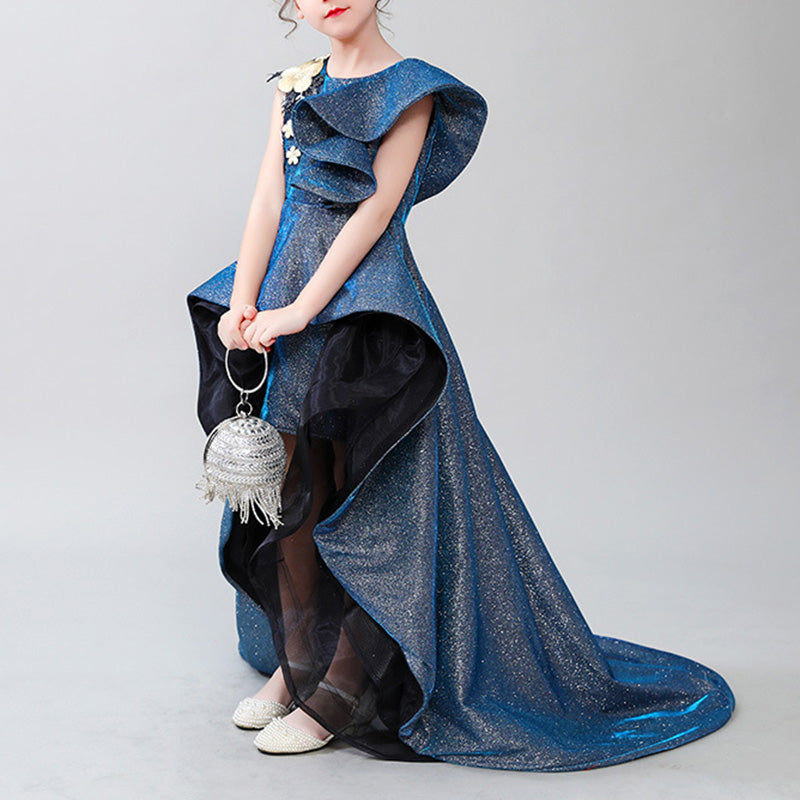 Blue Ball Gown Sleeveless Girls' Dress with Fabric Flowers for Parties & Birthdays