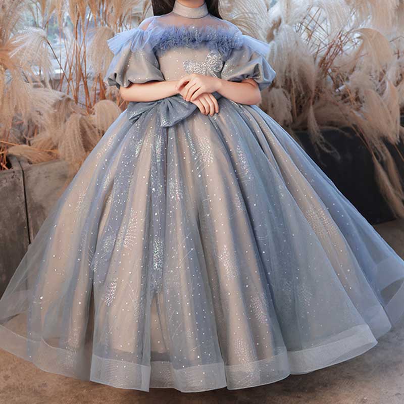 Blue Floor-Length Ball Gown Flower Girl Dress with Sequins and Bows | Blue / 5-6 Years (130cm) Blue Floor-Length Ball Gown Flower Girl Dress with Sequins and Bows | Blue / 5-6 Years (130cm)