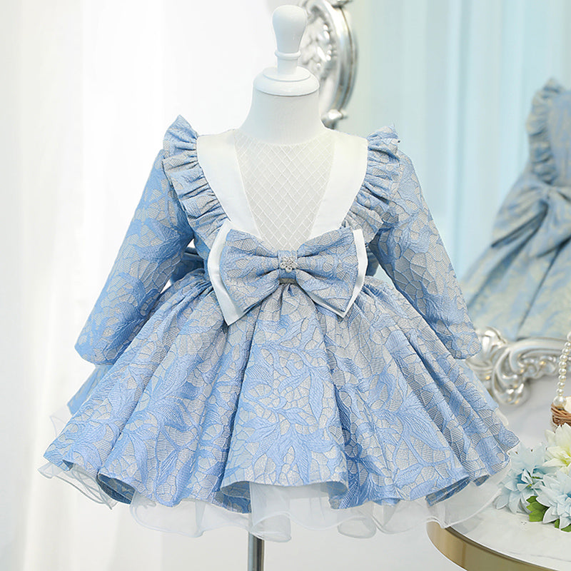 Blue Lace Princess Flower Girl Dress: Long Sleeves & Bow
