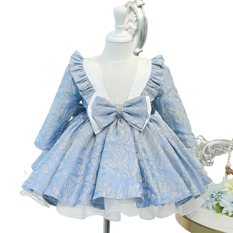 Blue Lace Princess Flower Girl Dress: Long Sleeves & Bow