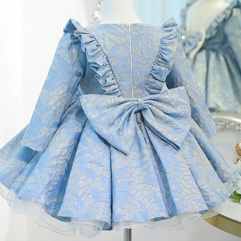 Blue Lace Princess Flower Girl Dress: Long Sleeves & Bow