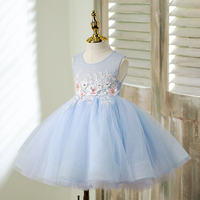Blue Lace Tulle A-Line Flower Girl Dress Sleeveless Knee