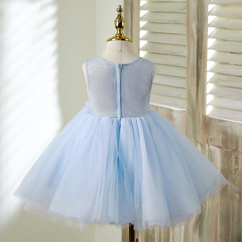 Blue Lace Tulle A-Line Flower Girl Dress Sleeveless Knee