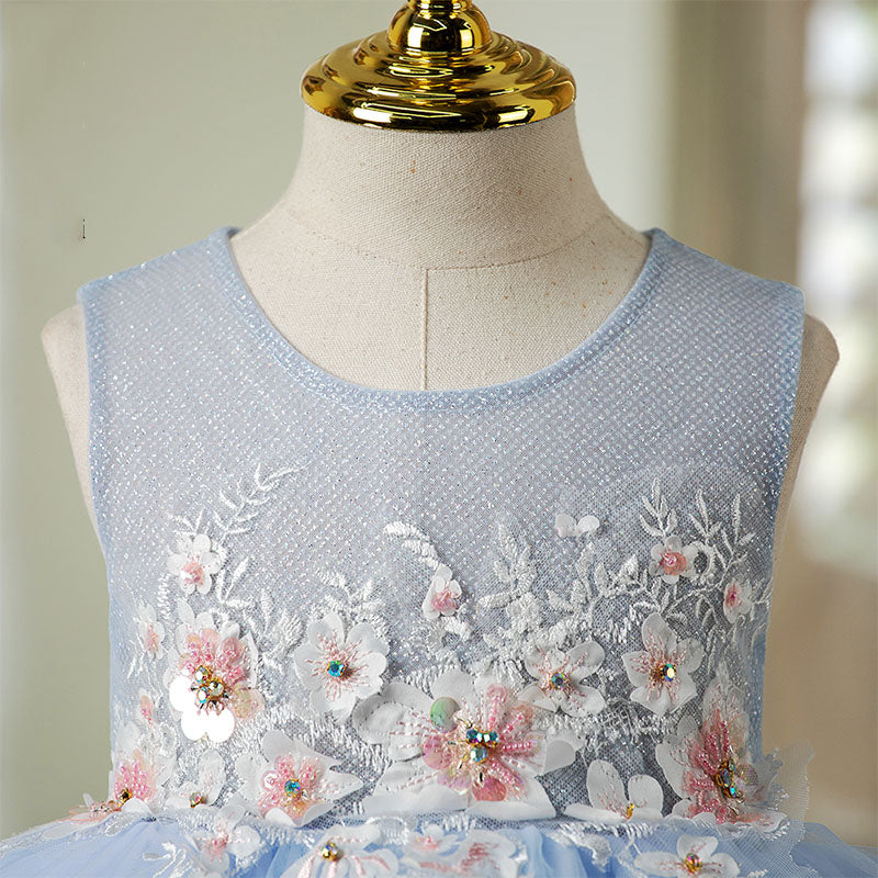 Blue Lace Tulle A-Line Flower Girl Dress Sleeveless Knee