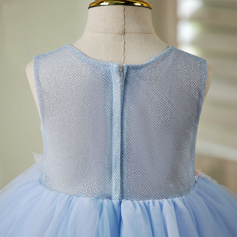 Blue Lace Tulle A-Line Flower Girl Dress Sleeveless Knee