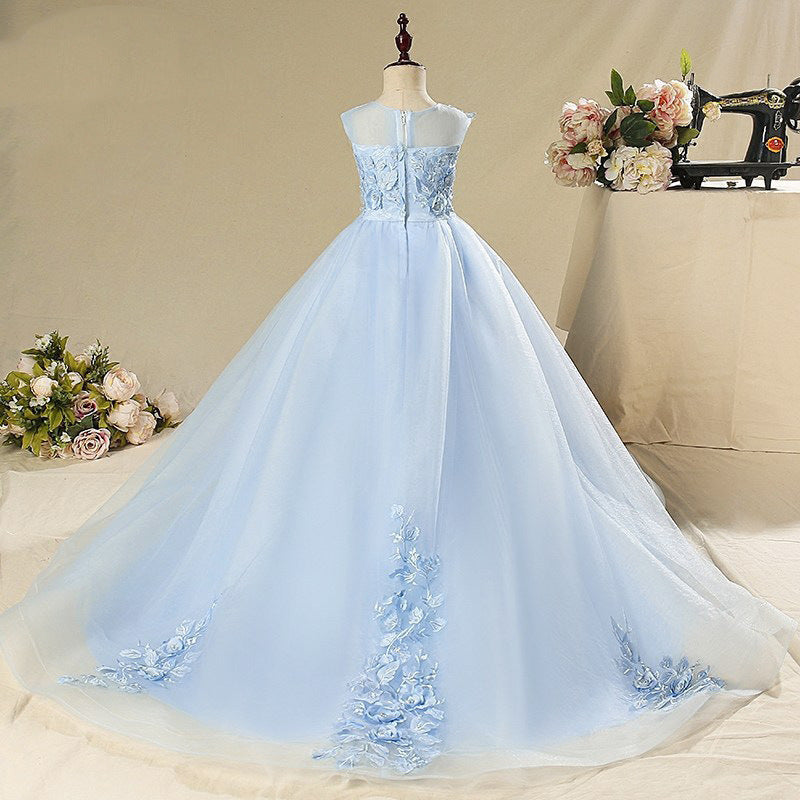 Blue Lace Tulle Flower Girl Dress: Sleeveless Floor Length