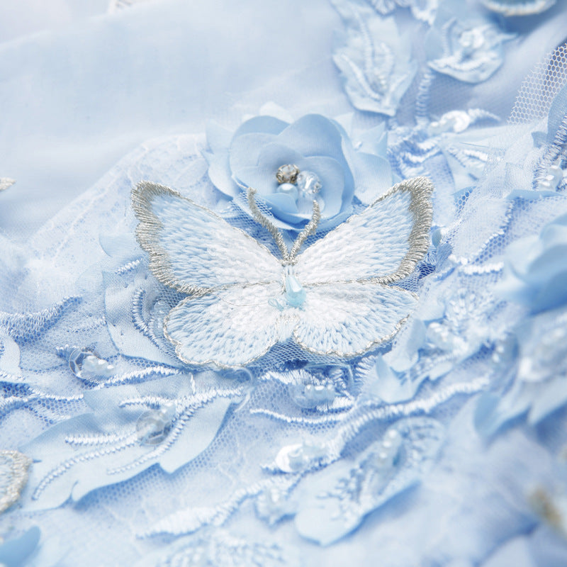 Blue Lace Tulle Flower Girl Dress: Sleeveless Floor Length