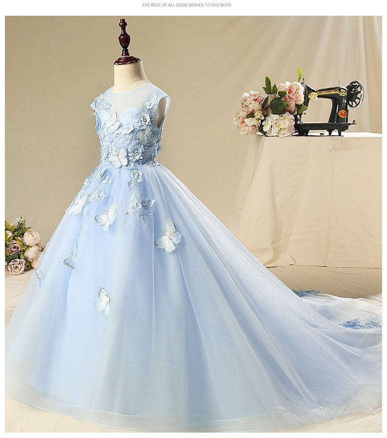 Blue Lace Tulle Flower Girl Dress: Sleeveless Floor Length