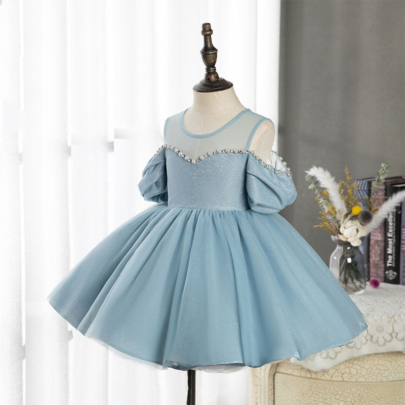 Blue Organza A-Line Flower Girl Dress Beaded Cold Shoulder