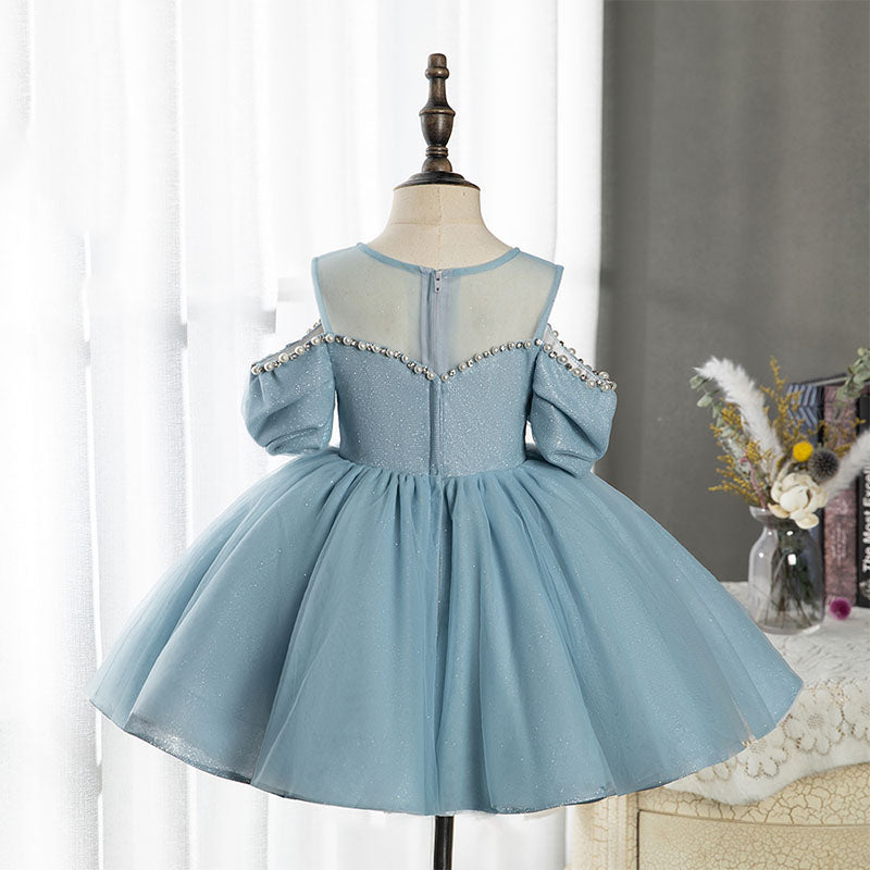 Blue Organza A-Line Flower Girl Dress Beaded Cold Shoulder