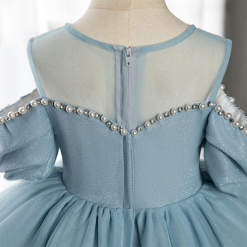 Blue Organza A-Line Flower Girl Dress Beaded Cold Shoulder