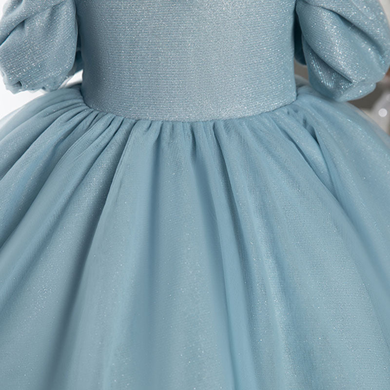 Blue Organza A-Line Flower Girl Dress Beaded Cold Shoulder