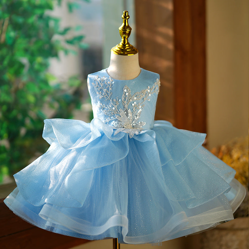 Blue Organza A-Line Flower Girl Dress with Lace & Sequins