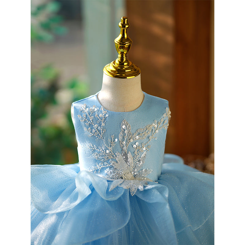 Blue Organza A-Line Flower Girl Dress with Lace & Sequins