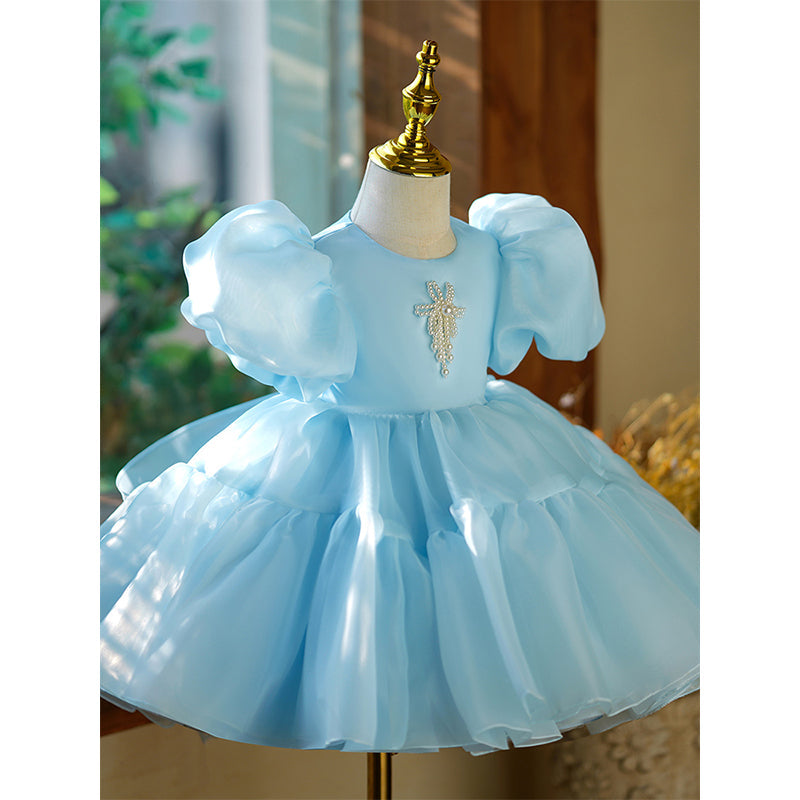 Blue Organza Princess Flower Girl Dress with Beaded Sleeves