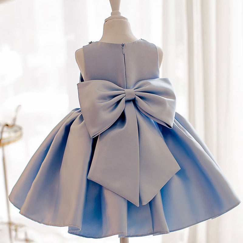 Blue Princess Flower Girl Dress with Elegant Bow Back