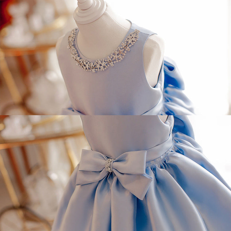 Blue Princess Flower Girl Dress with Elegant Bow Back