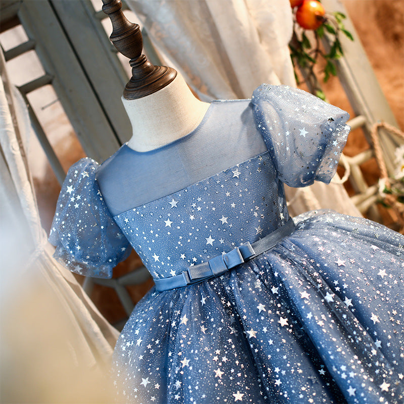 Blue Princess Flower Girl Dress with Sequins and Lantern Sleeves