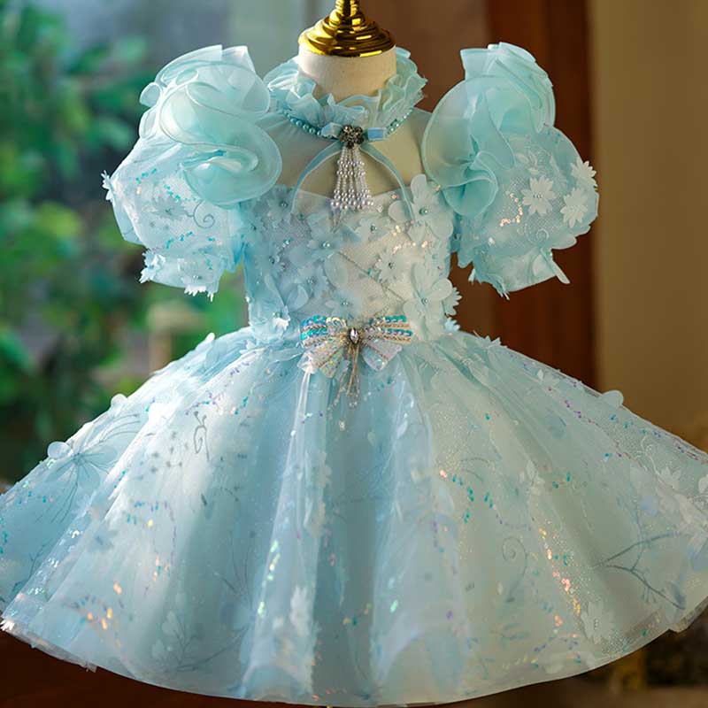 Blue Princess Tulle Dress for Girls with Sequins, Illusion Neckline & Puff Sleeves