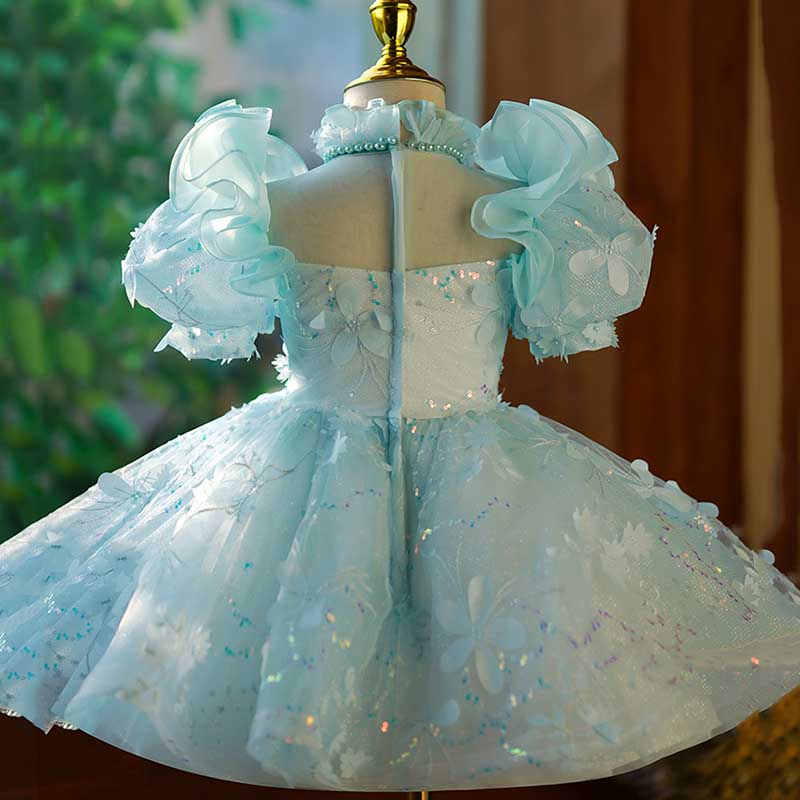 Blue Princess Tulle Dress for Girls with Sequins, Illusion Neckline & Puff Sleeves