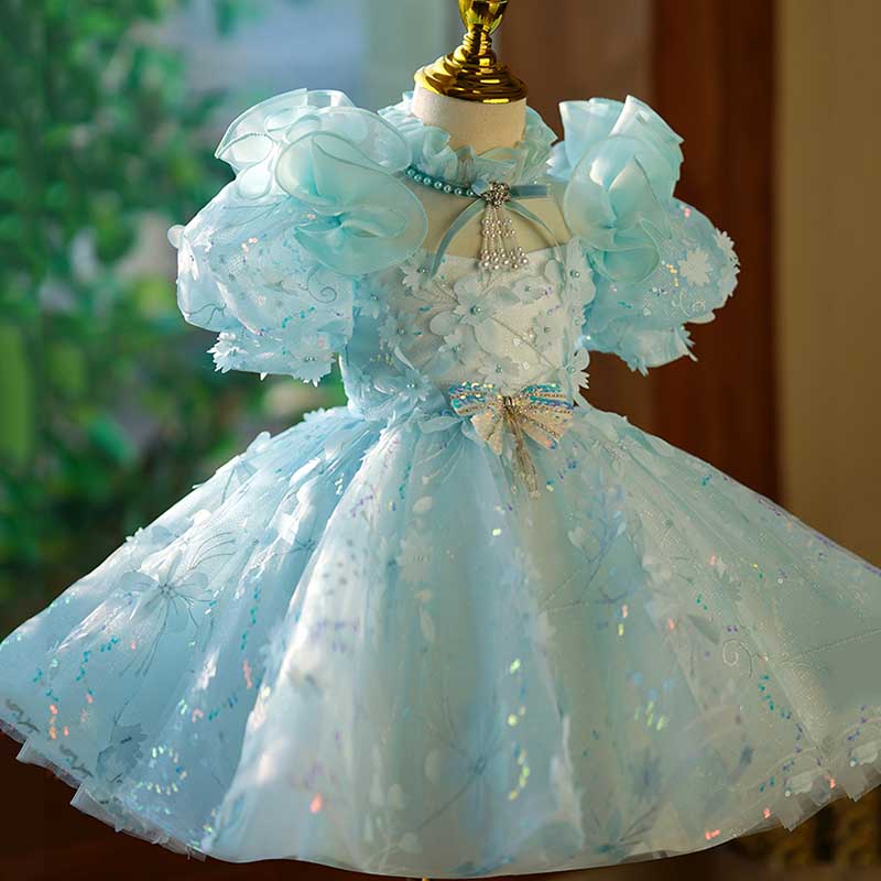 Blue Princess Tulle Dress for Girls with Sequins, Illusion Neckline & Puff Sleeves