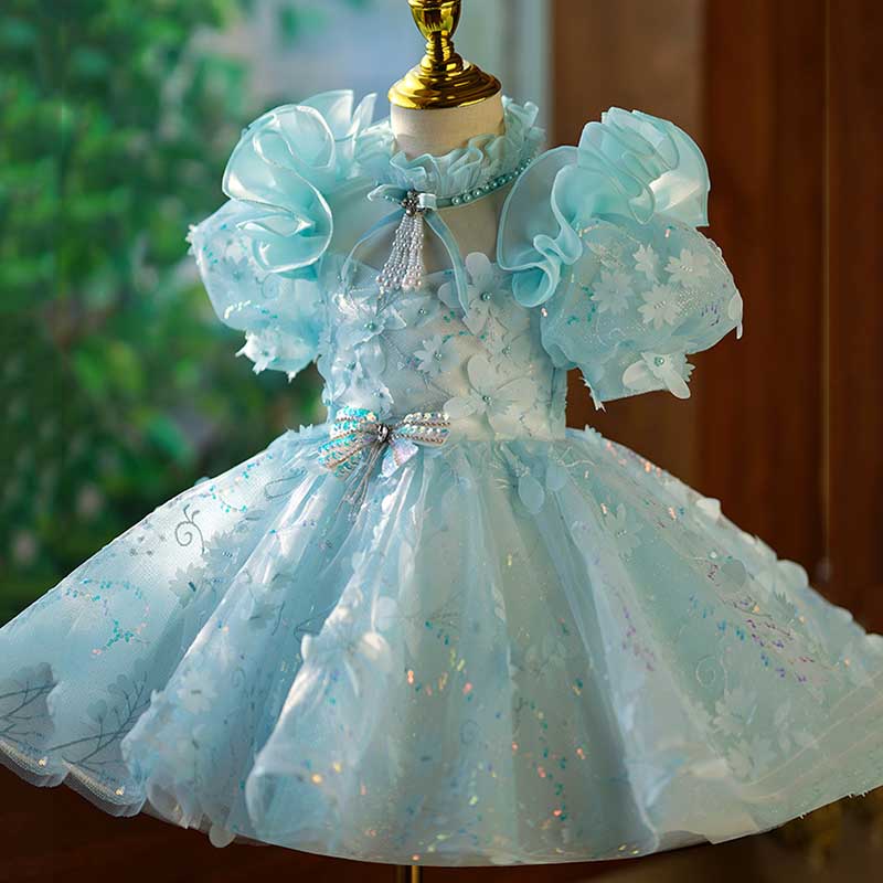 Blue Princess Tulle Dress for Girls with Sequins, Illusion Neckline & Puff Sleeves
