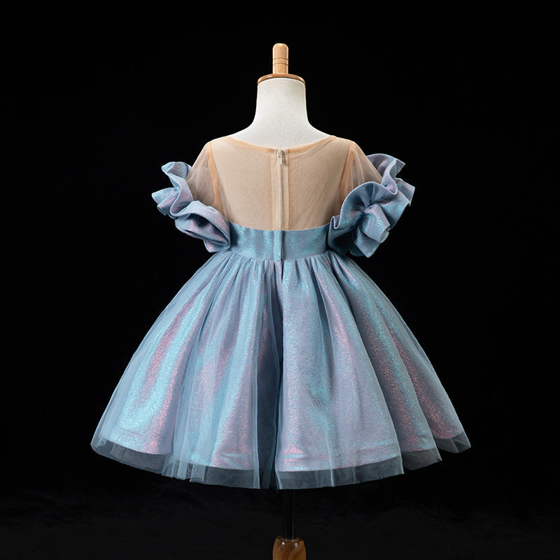 Blue Princess Polyester Flower Girl Dress with Ruffles