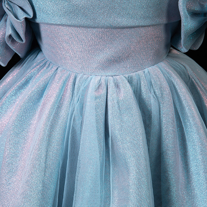 Blue Princess Polyester Flower Girl Dress with Ruffles