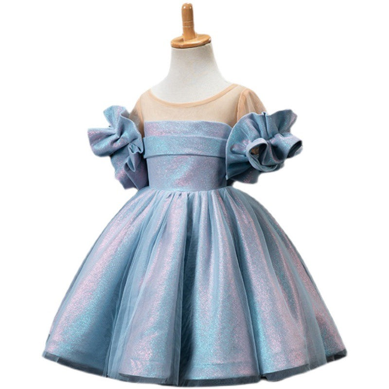 Blue Princess Polyester Flower Girl Dress with Ruffles
