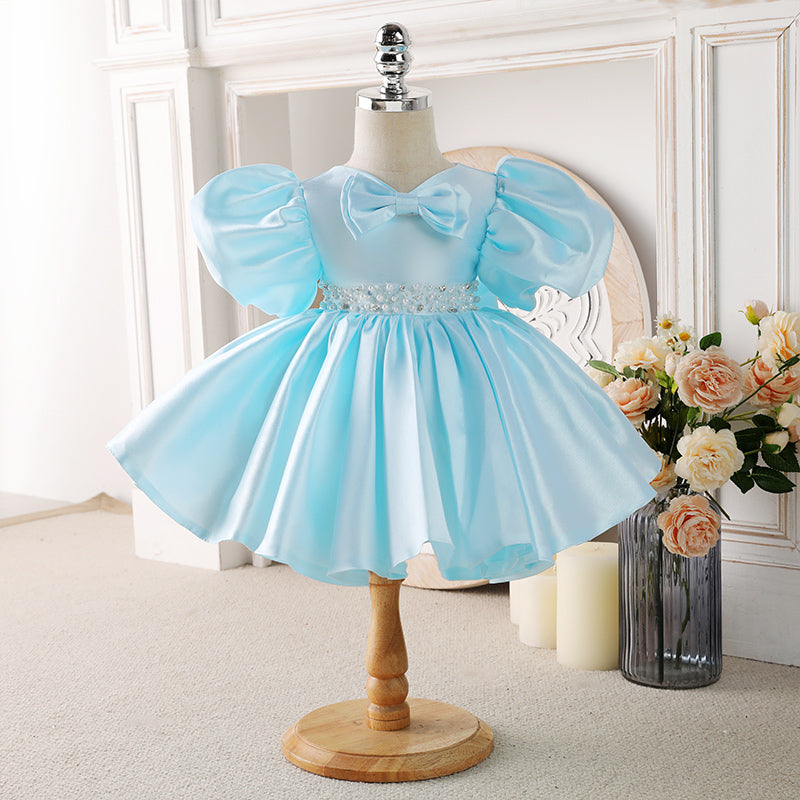 Blue Princess Satin Puff Sleeve Flower Girl Dress