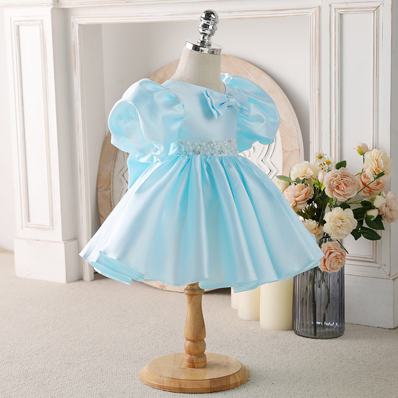 Blue Princess Satin Puff Sleeve Flower Girl Dress