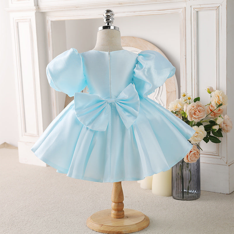 Blue Princess Satin Puff Sleeve Flower Girl Dress