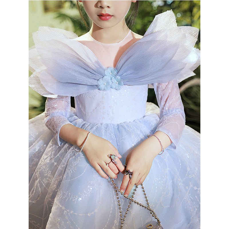 Blue Princess Satin Puff Sleeve Flower Girl Dress