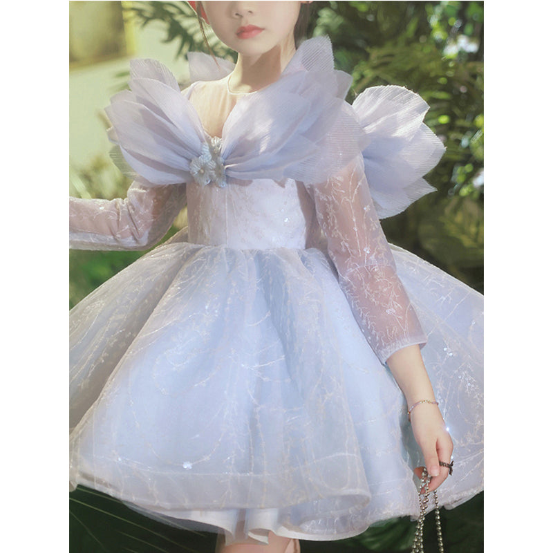 Blue Princess Satin Puff Sleeve Flower Girl Dress