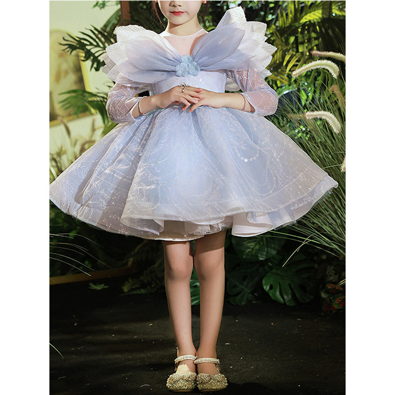 Blue Princess Satin Puff Sleeve Flower Girl Dress