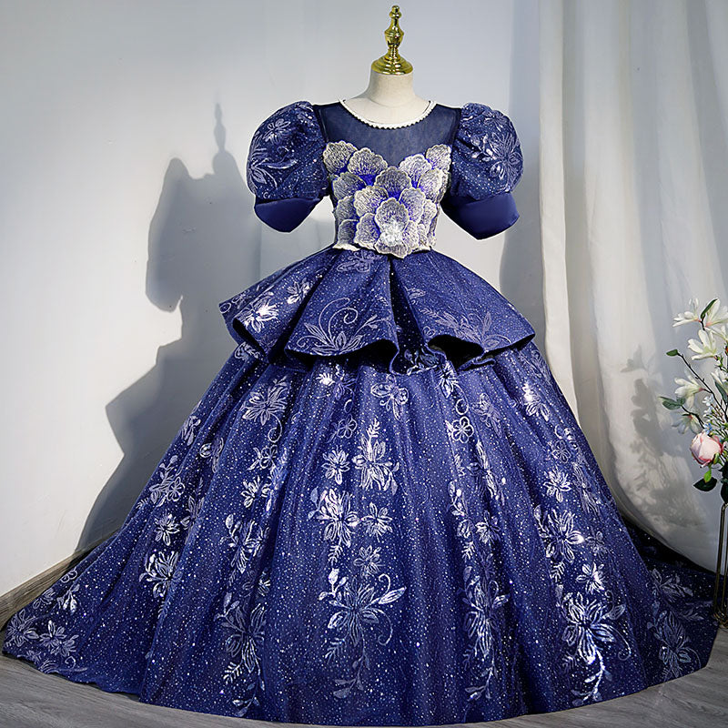 Blue Princess Sequined Flower Girl Dress with Puff Sleeves