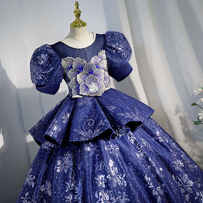 Blue Princess Sequined Flower Girl Dress with Puff Sleeves