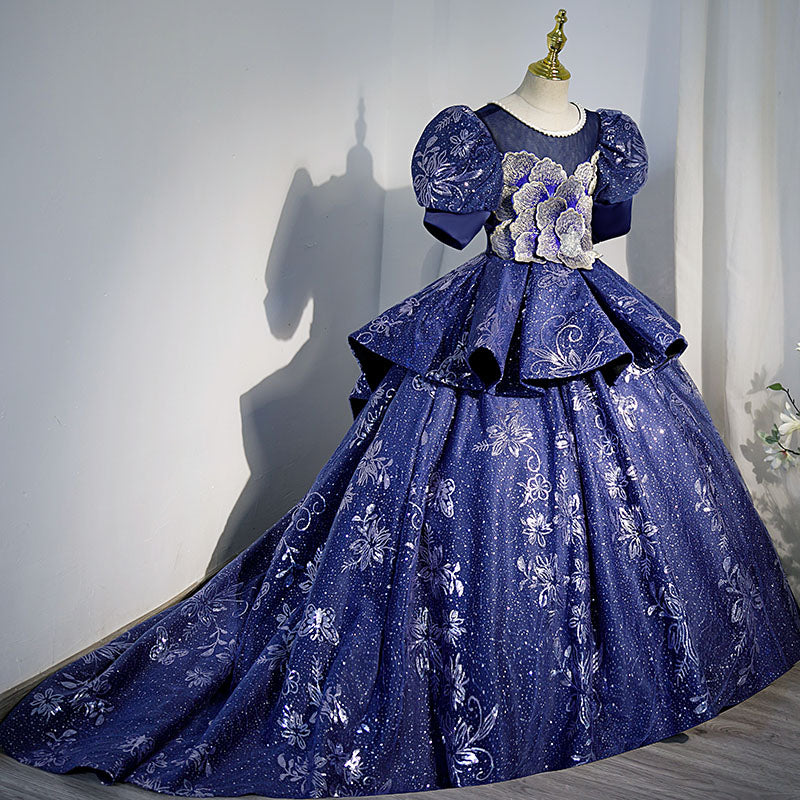 Blue Princess Sequined Flower Girl Dress with Puff Sleeves