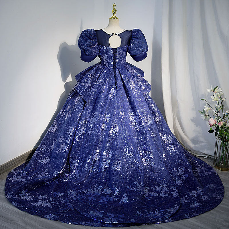Blue Princess Sequined Flower Girl Dress with Puff Sleeves