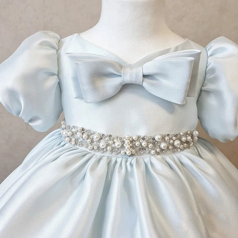 Blue Princess Tea-Length Flower Girl Dress with Beaded Bow