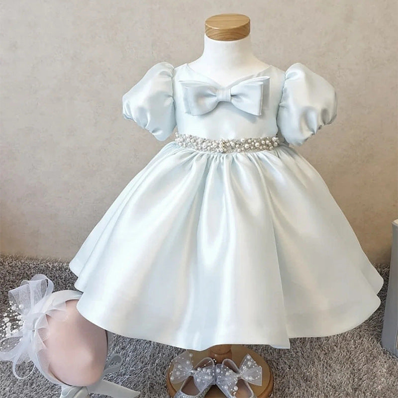 Blue Princess Tea-Length Flower Girl Dress with Beaded Bow