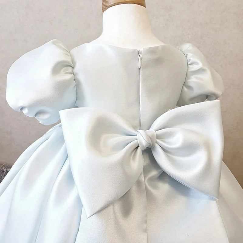 Blue Princess Tea-Length Flower Girl Dress with Beaded Bow