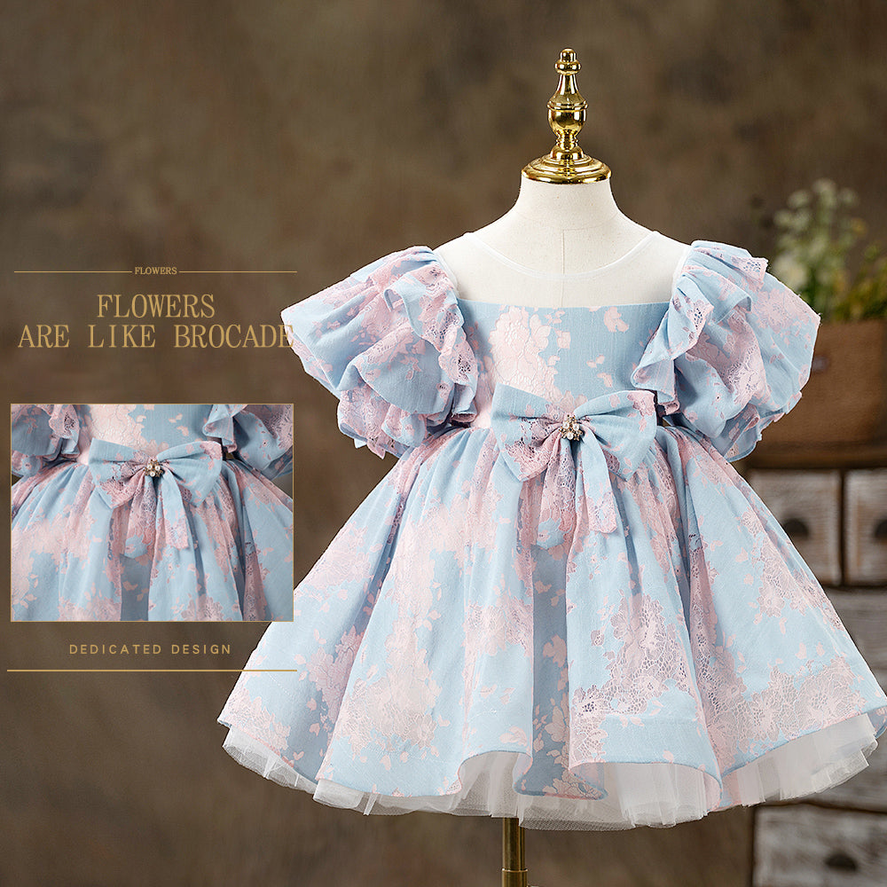 Blue Princess Tea-Length Flower Girl Dress with Puff Sleeves