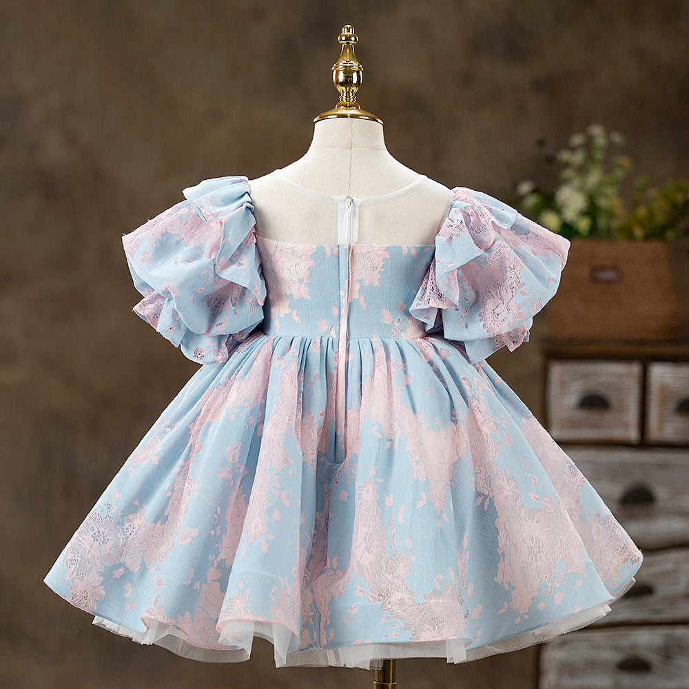 Blue Princess Tea-Length Flower Girl Dress with Puff Sleeves
