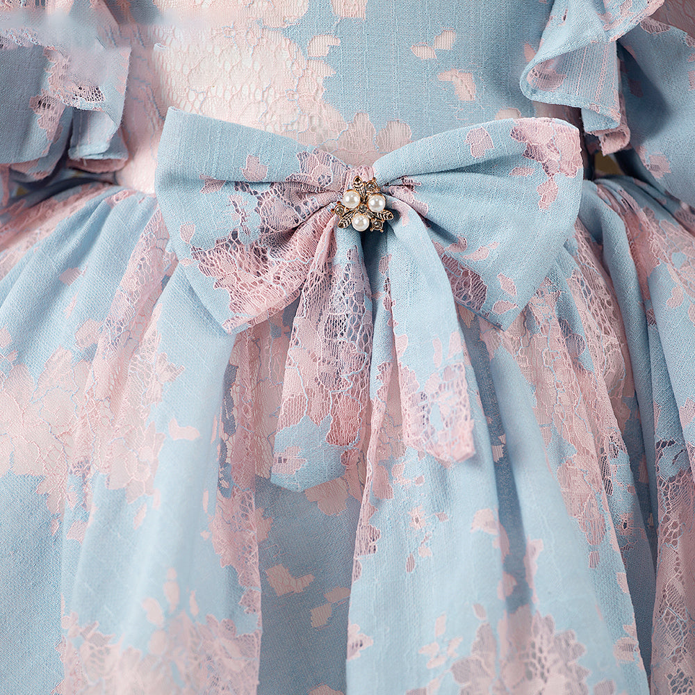 Blue Princess Tea-Length Flower Girl Dress with Puff Sleeves